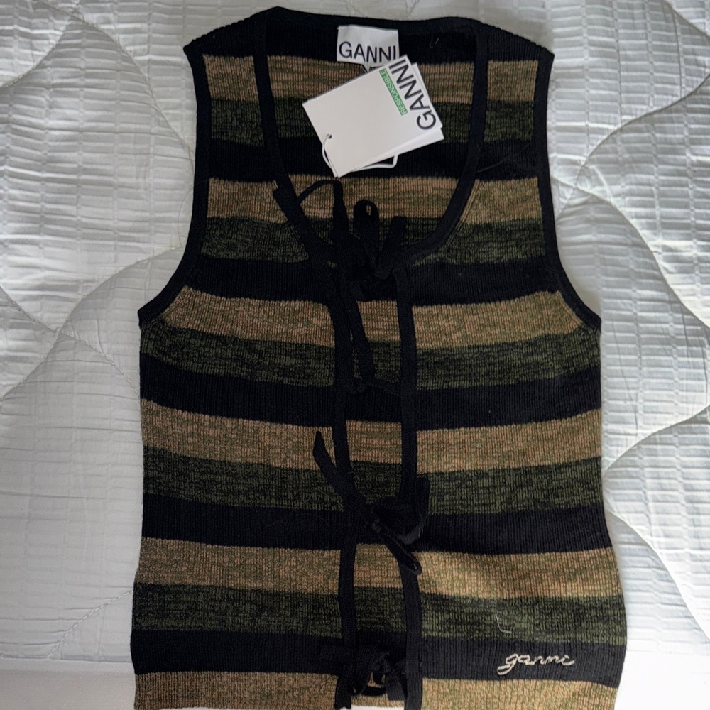 Ganni Black and Gold Striped Top